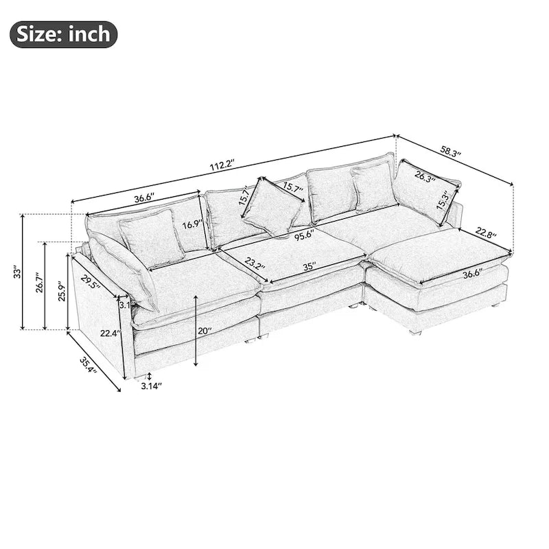 Blue 112.2 Modern L-Shaped 4-Seat Sectional Sofa with Removable Ottoman, 5 Plush Pillows, and Sturdy Construction