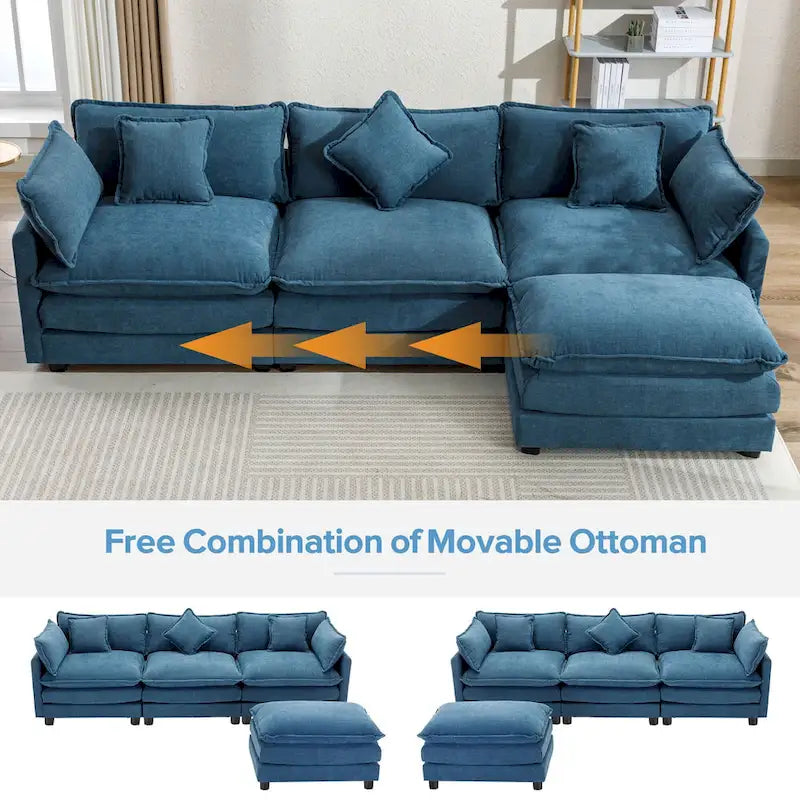 Blue 112.2 Modern L-Shaped 4-Seat Sectional Sofa with Removable Ottoman, 5 Plush Pillows, and Sturdy Construction