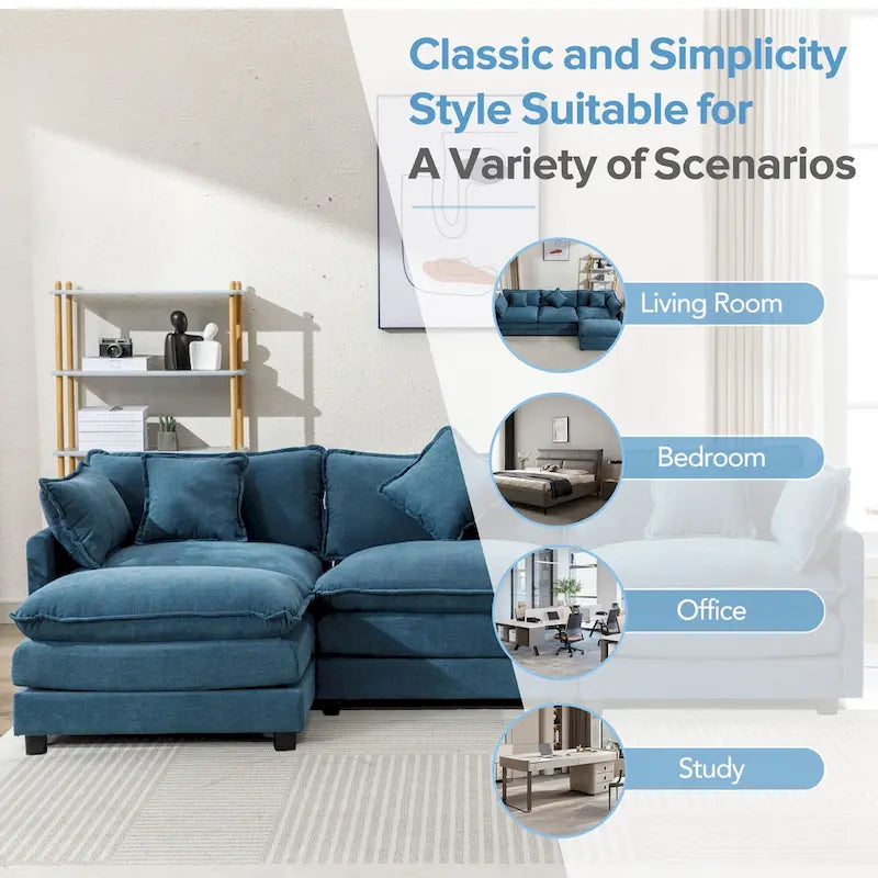 Blue 112.2 Modern L-Shaped 4-Seat Sectional Sofa with Removable Ottoman, 5 Plush Pillows, and Sturdy Construction