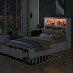 White Full Size Wooden Bed with LED Storage Headboard, Charging Station, and 2 Drawers