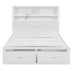 White Full Size Wooden Bed with LED Storage Headboard, Charging Station, and 2 Drawers