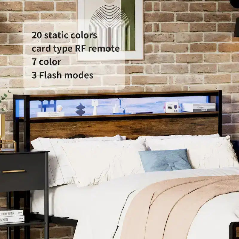 Queen Size Platform Bed with Storage Headboard, LED Light & Charging