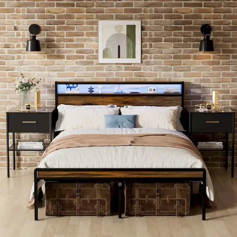 Queen Size Platform Bed with Storage Headboard, LED Light & Charging
