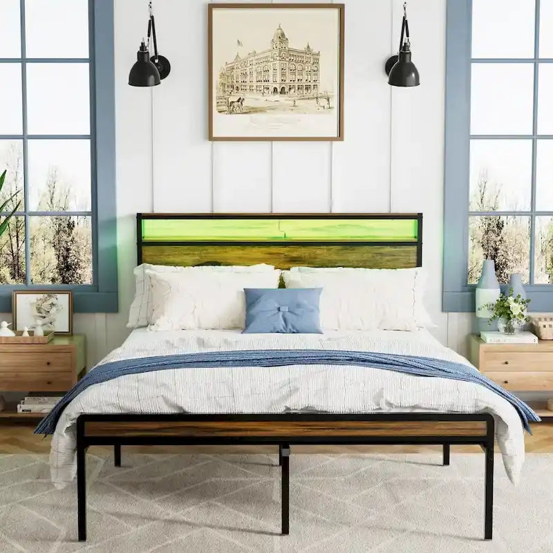 Queen Size Platform Bed with Storage Headboard, LED Light & Charging