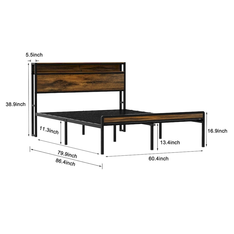 Queen Size Platform Bed with Storage Headboard, LED Light & Charging