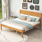 Espresso Queen Size Pine Wooden Platform Bed with Headboard and Wood Slat Support