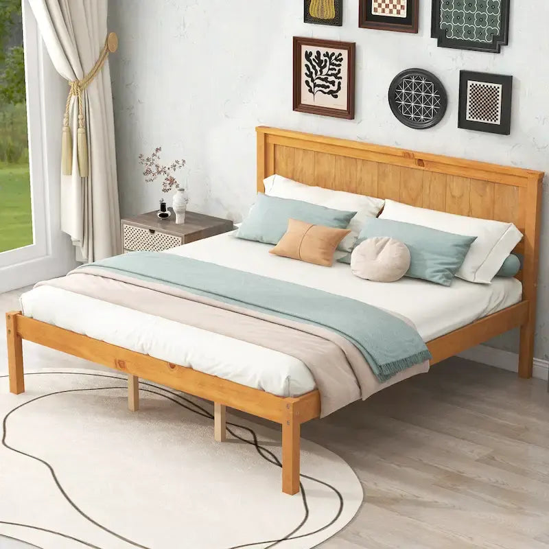 Espresso Queen Size Pine Wooden Platform Bed with Headboard and Wood Slat Support