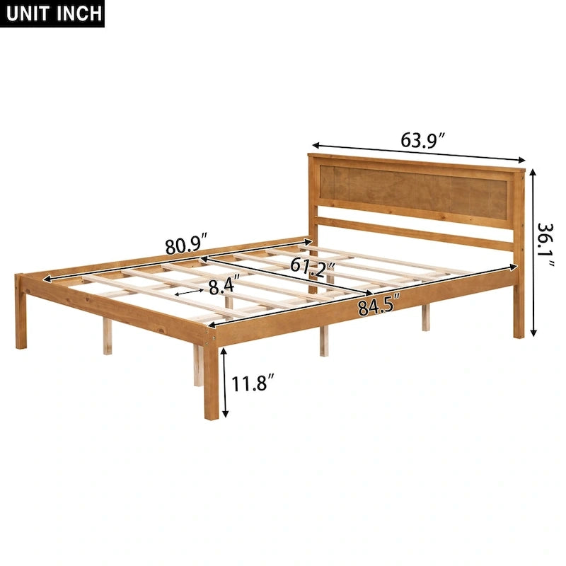 Espresso Queen Size Pine Wooden Platform Bed with Headboard and Wood Slat Support