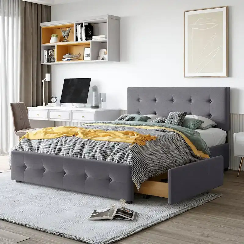 Queen Size Linen Button Tufted Platform Bed Frame with 4 Storage Drawers
