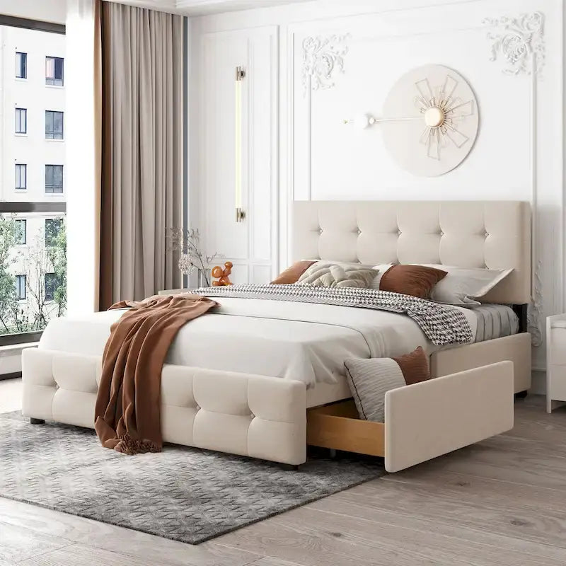 Queen Size Linen Button Tufted Platform Bed Frame with 4 Storage Drawers