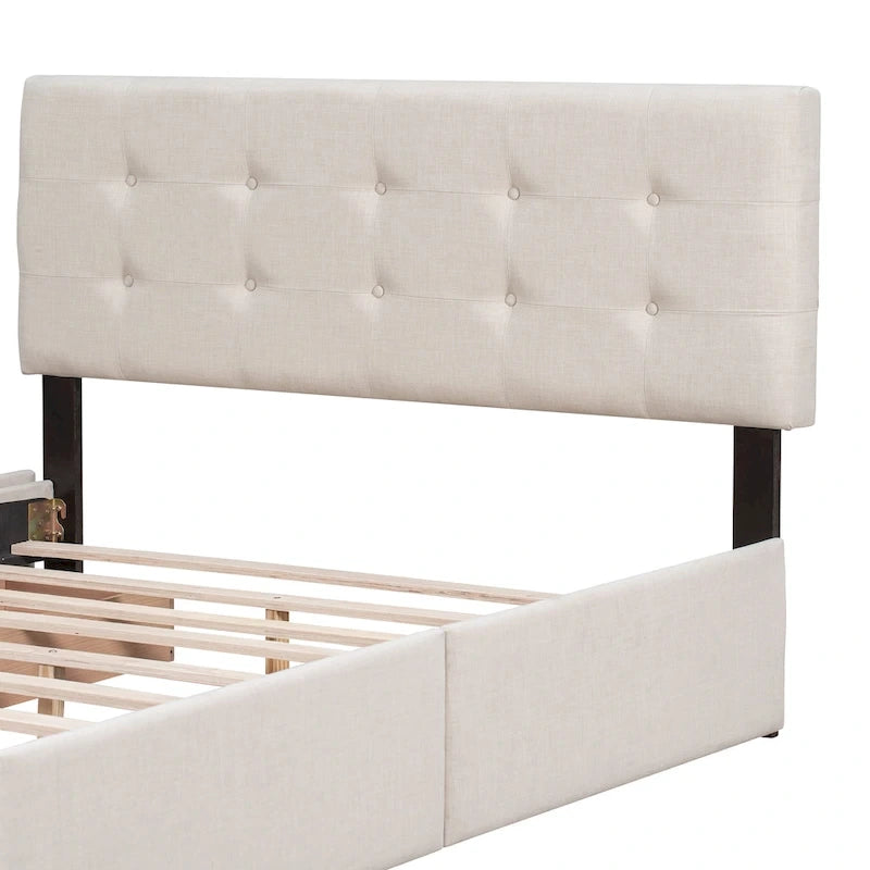 Queen Size Linen Button Tufted Platform Bed Frame with 4 Storage Drawers