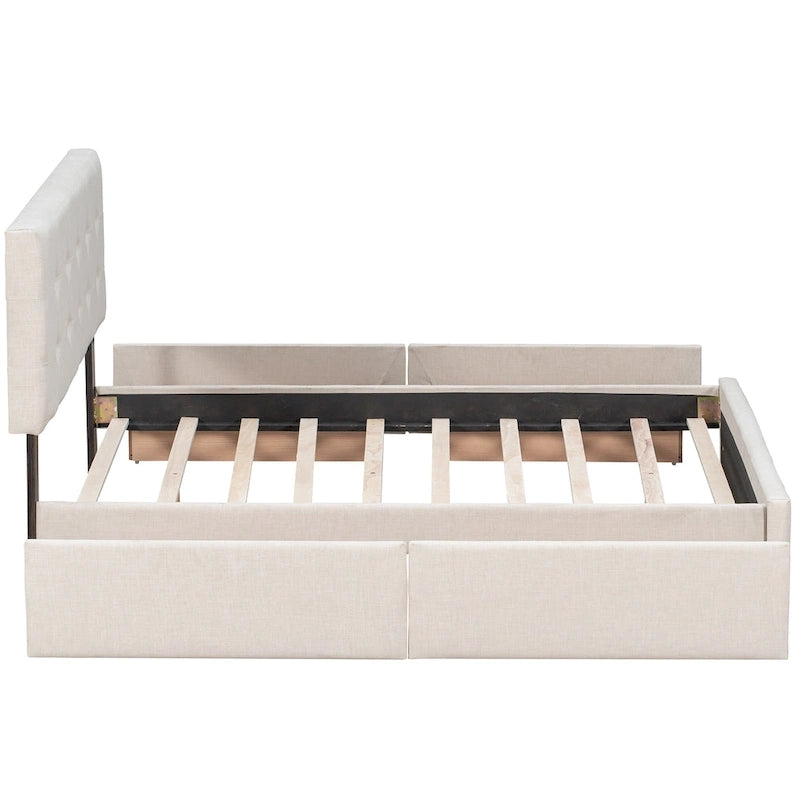 Queen Size Linen Button Tufted Platform Bed Frame with 4 Storage Drawers