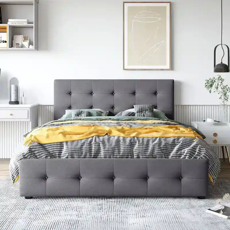 Queen Size Linen Button Tufted Platform Bed Frame with 4 Storage Drawers