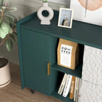 Modern Storage Cabinet with 2 Glass Doors, 2 Drawers and 2 Open Storage Compartment