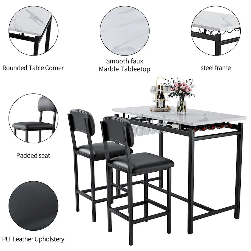 Modern Style 3-Piece Dining Set with Rectangular Table and 2 Upholstered Dining Chairs