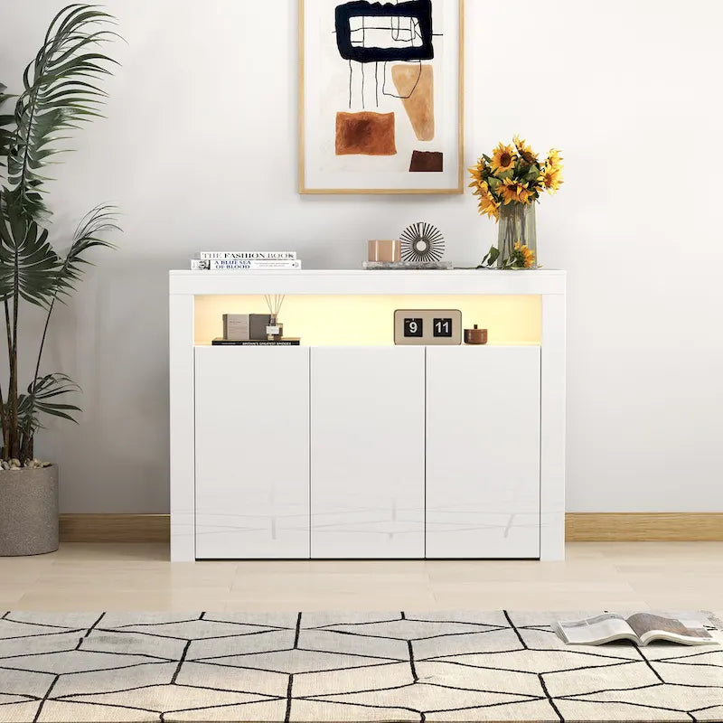 Modern Storage Cabinet with LED Light, Shelves and 3 Doors for Hallway, Dining Room
