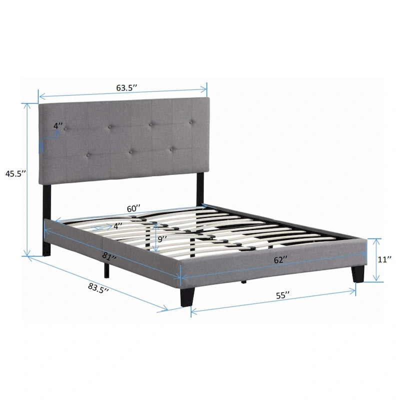 Gray Queen Upholstered Platform Bed with Linen Fabric Headboard & Slat Support