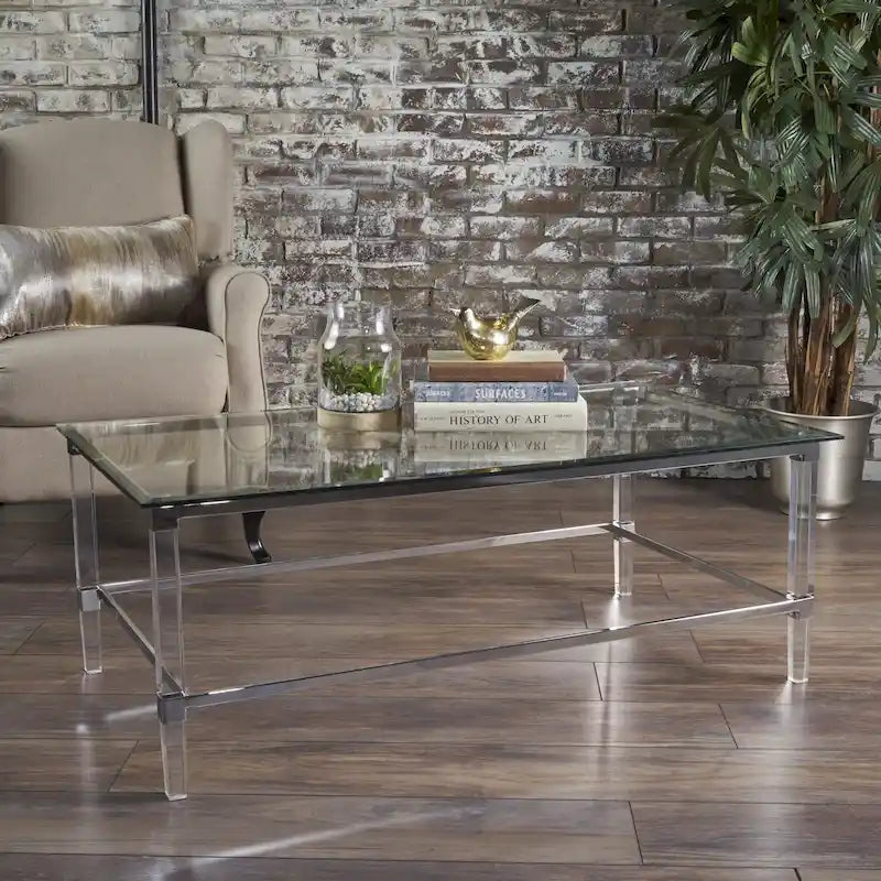 48 Modern Rectangle Glass Coffee Table with Sturdy Frame for Living Room