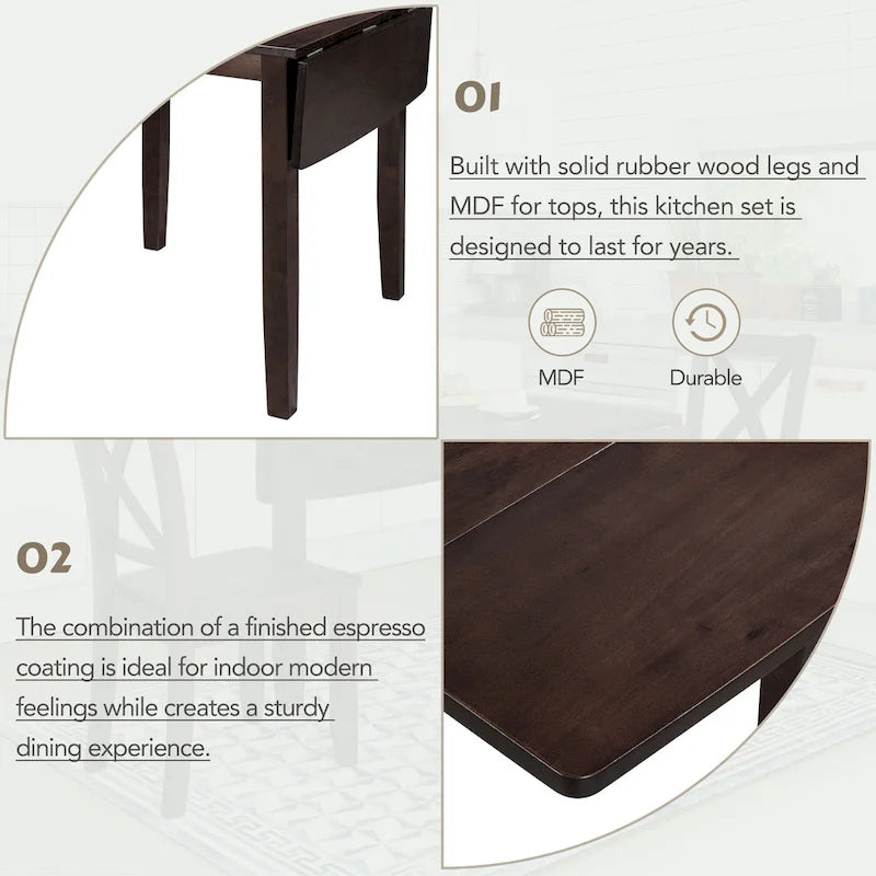 3-Piece Wooden Breakfast Nook Dining Table Set with Drop Leaf Table