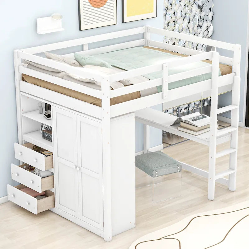 Full Solid Wood Loft Bed with Wardrobe & Desk