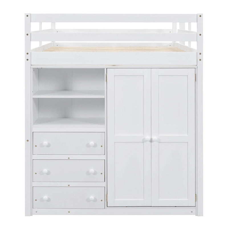 Full Solid Wood Loft Bed with Wardrobe & Desk