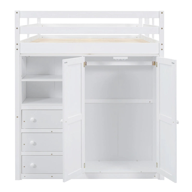 Full Solid Wood Loft Bed with Wardrobe & Desk