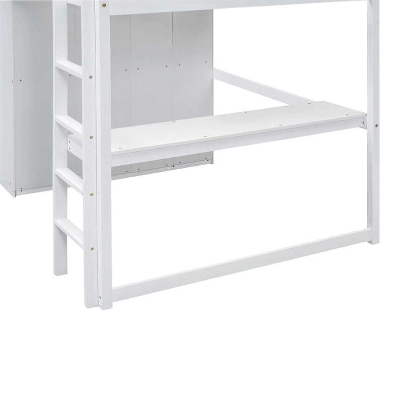 Full Solid Wood Loft Bed with Wardrobe & Desk