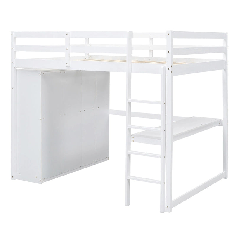 Full Solid Wood Loft Bed with Wardrobe & Desk