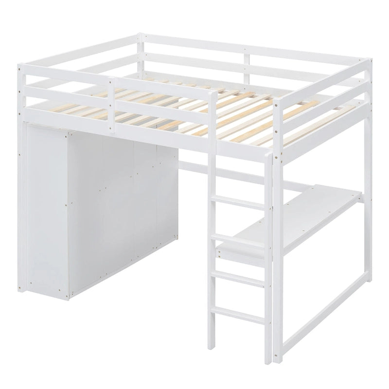 Full Solid Wood Loft Bed with Wardrobe & Desk