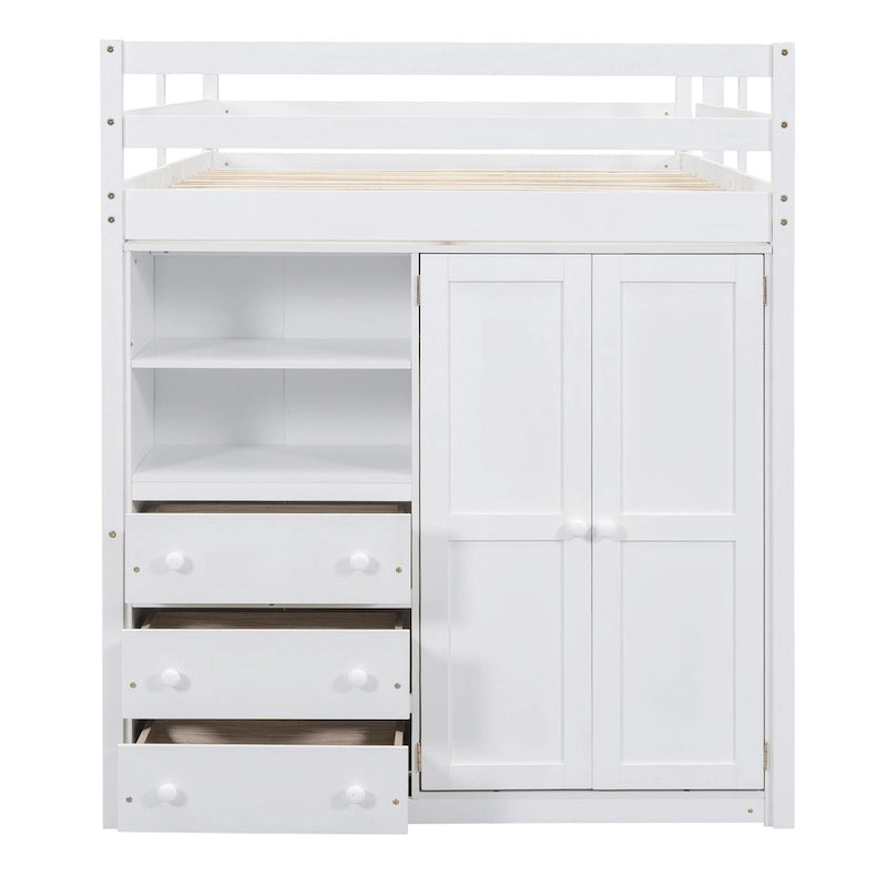Full Solid Wood Loft Bed with Wardrobe & Desk