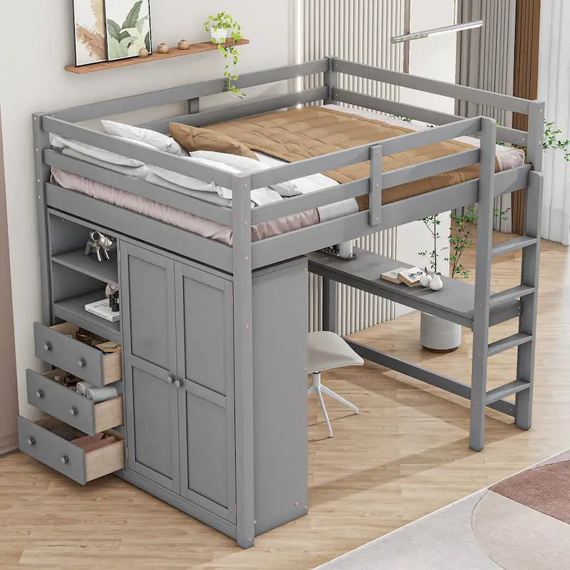 Full Solid Wood Loft Bed with Wardrobe & Desk