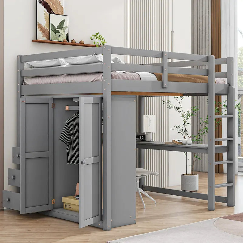 Full Solid Wood Loft Bed with Wardrobe & Desk