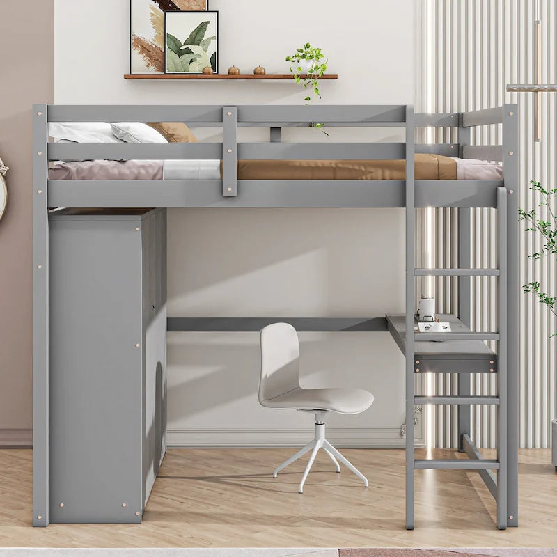Full Solid Wood Loft Bed with Wardrobe & Desk