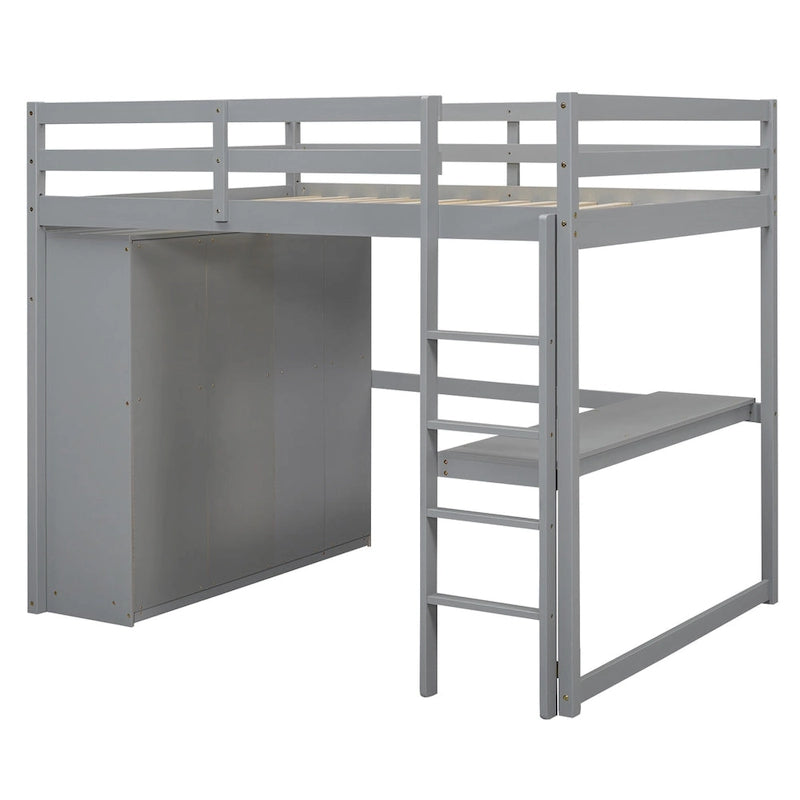 Full Solid Wood Loft Bed with Wardrobe & Desk