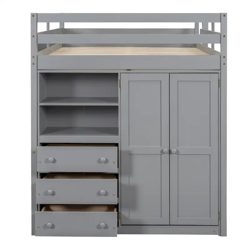 Full Solid Wood Loft Bed with Wardrobe & Desk