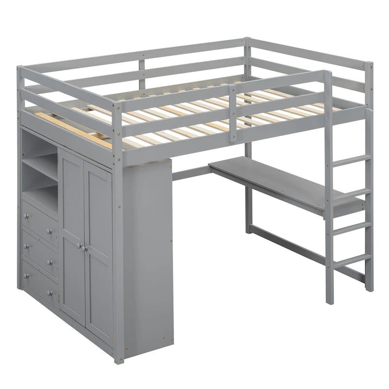 Full Solid Wood Loft Bed with Wardrobe & Desk
