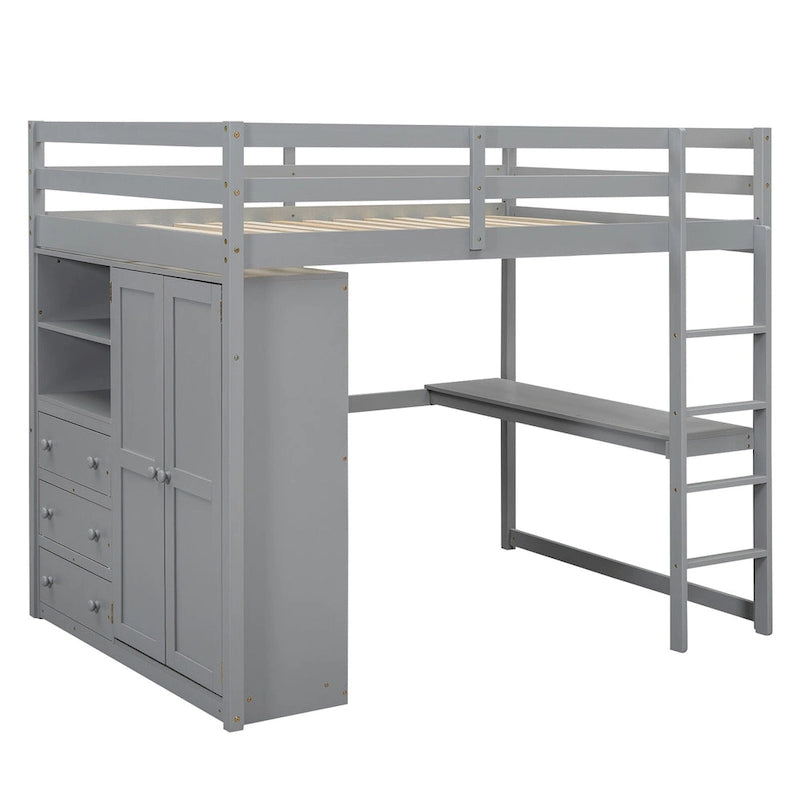 Full Solid Wood Loft Bed with Wardrobe & Desk
