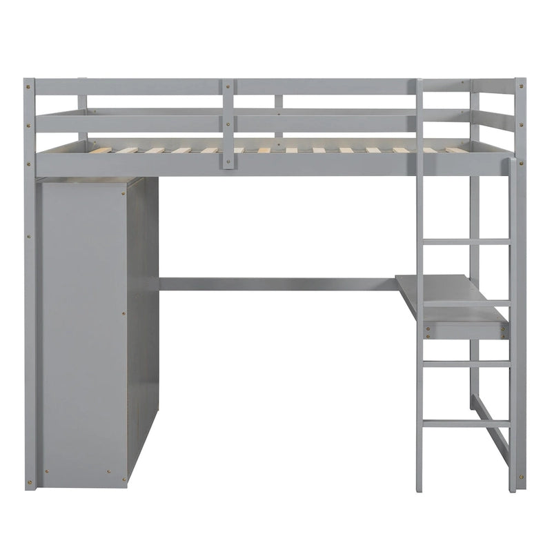 Full Solid Wood Loft Bed with Wardrobe & Desk
