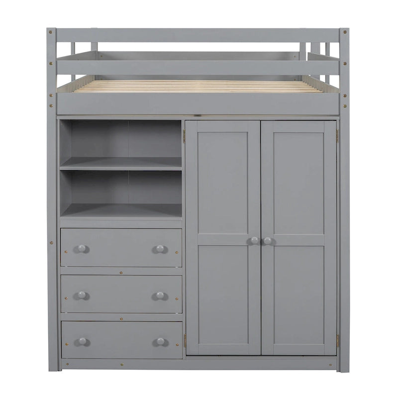 Full Solid Wood Loft Bed with Wardrobe & Desk