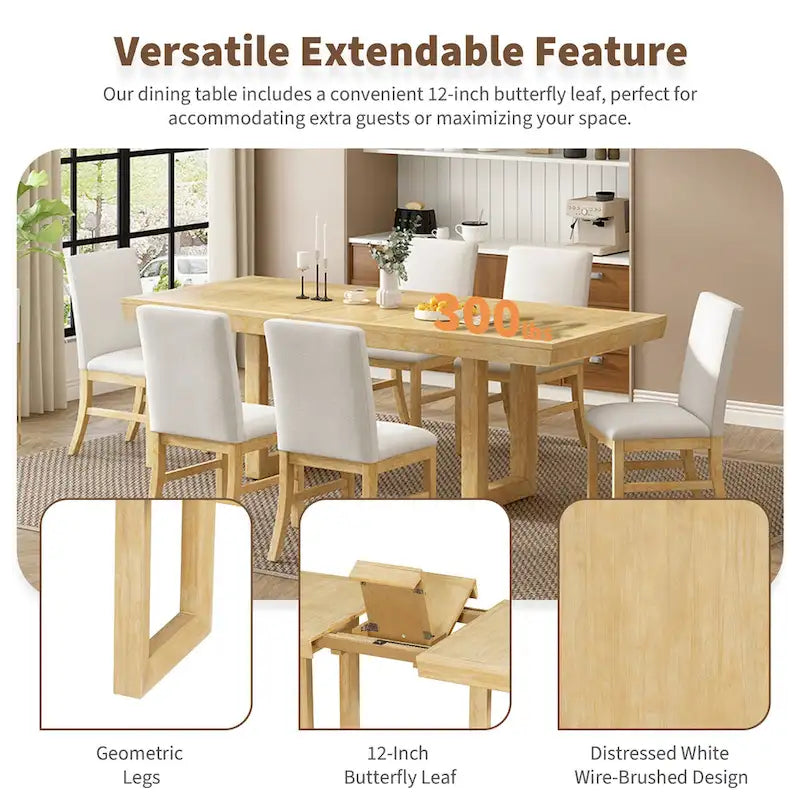 Traditional Style 7-piece Extendable Dining Table Set with Butterfly Leaf and 6 Upholstered Chairs