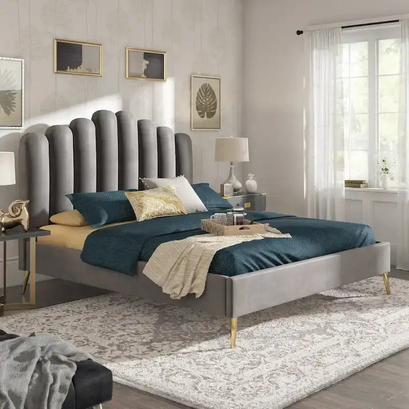 Art Deco Style Velvet Upholstered Platform Bed