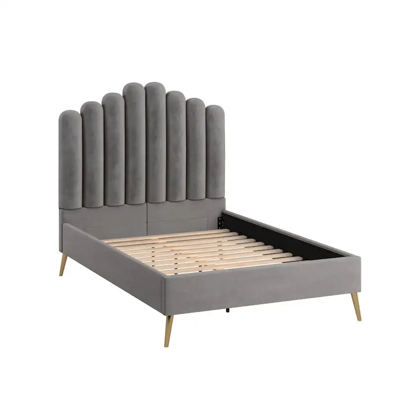 Art Deco Style Velvet Upholstered Platform Bed