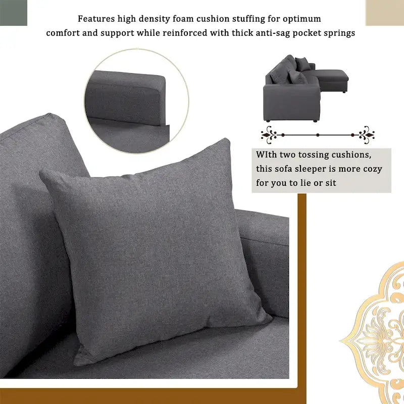 Merax Upholstery Sleeper Sectional Sofa with Storage Space, 2 Tossing Cushions