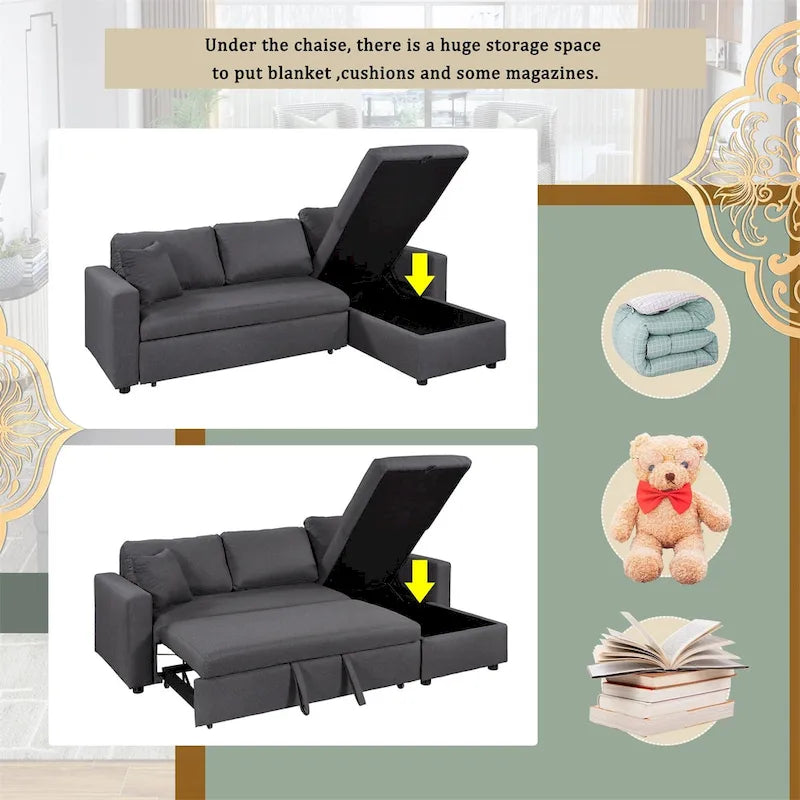 Merax Upholstery Sleeper Sectional Sofa with Storage Space, 2 Tossing Cushions