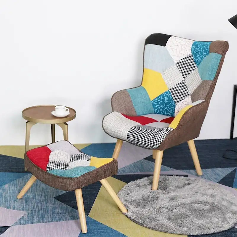 Accent Chair with Ottoman, Living Room Chair and Ottoman Set, Comfy Side Armchair for Bedroom, Creative Splicing Cloth Surface