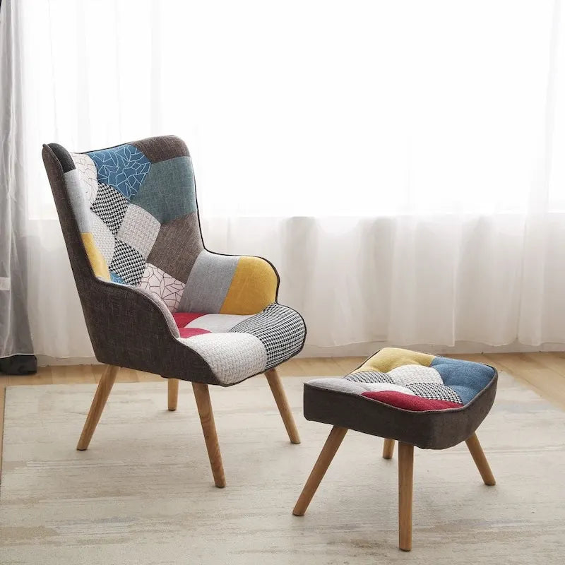 Accent Chair with Ottoman, Living Room Chair and Ottoman Set, Comfy Side Armchair for Bedroom, Creative Splicing Cloth Surface