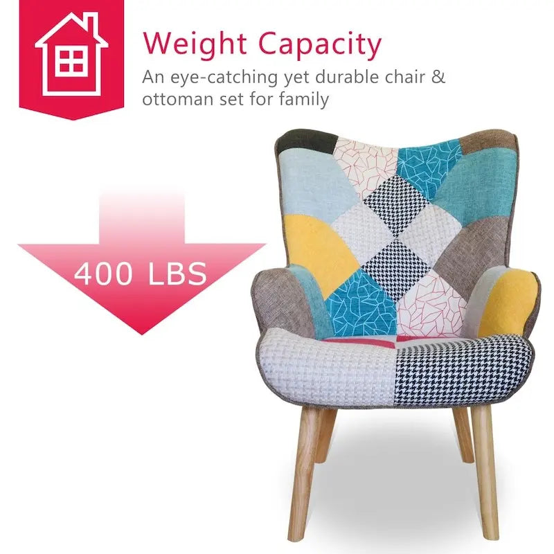 Accent Chair with Ottoman, Living Room Chair and Ottoman Set, Comfy Side Armchair for Bedroom, Creative Splicing Cloth Surface