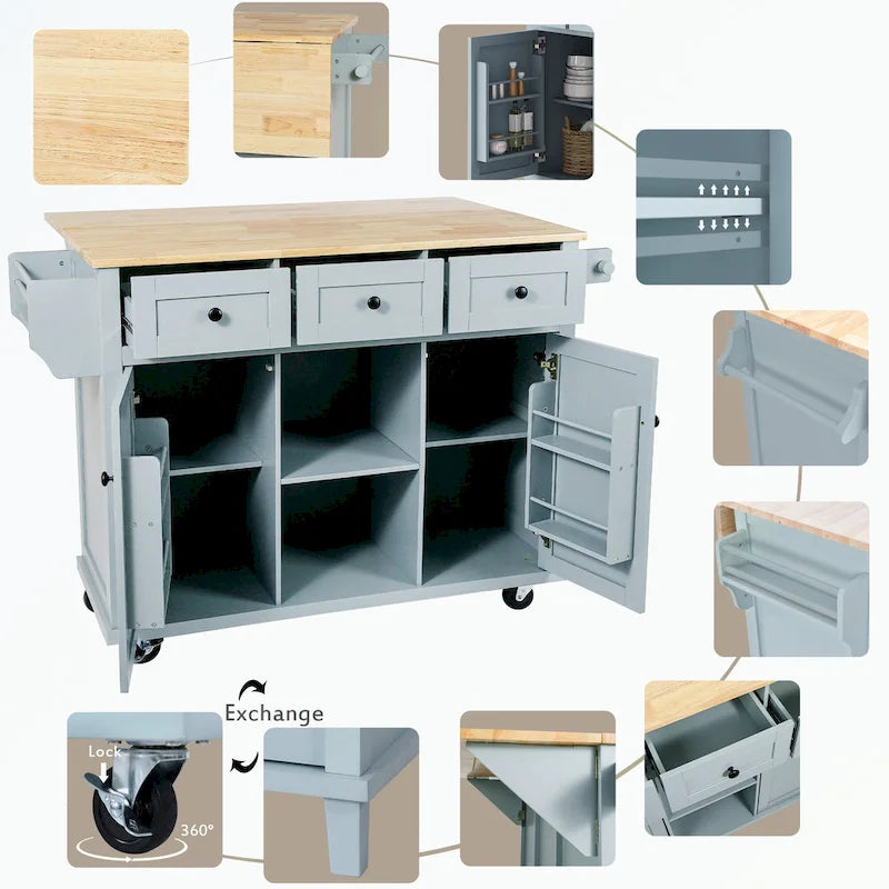 Kitchen Cart with 5 Wheels with Storage Cabinet and 3 Drawers