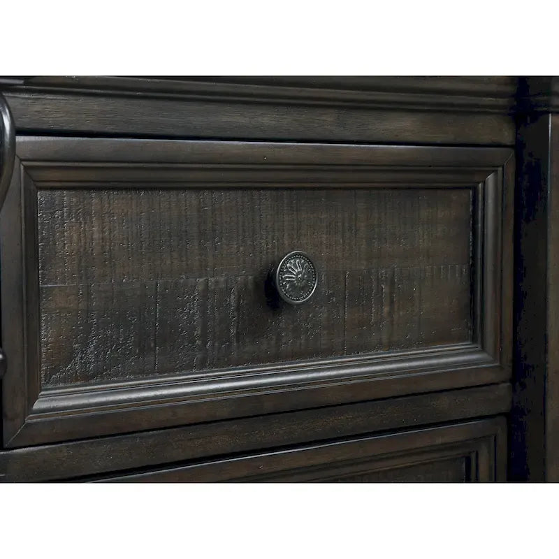Roundhill Furniture Farson Distressed Dark Walnut Finish Wood Panel Bed, Dresser, Mirror, Two Nightstands