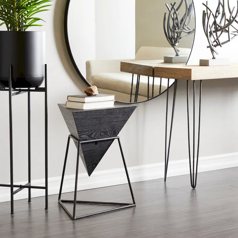 Wood Geometric Inverted Pyramid Accent Table with Metal Stand - Black or White - Roche River Decor